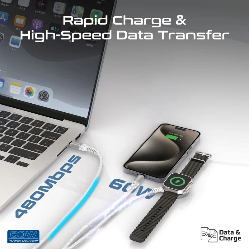 Promate 150Cm, 60W 5-In-1 Multi-Connector Cable For Charging & Data Transfer With Apple Watch Charger