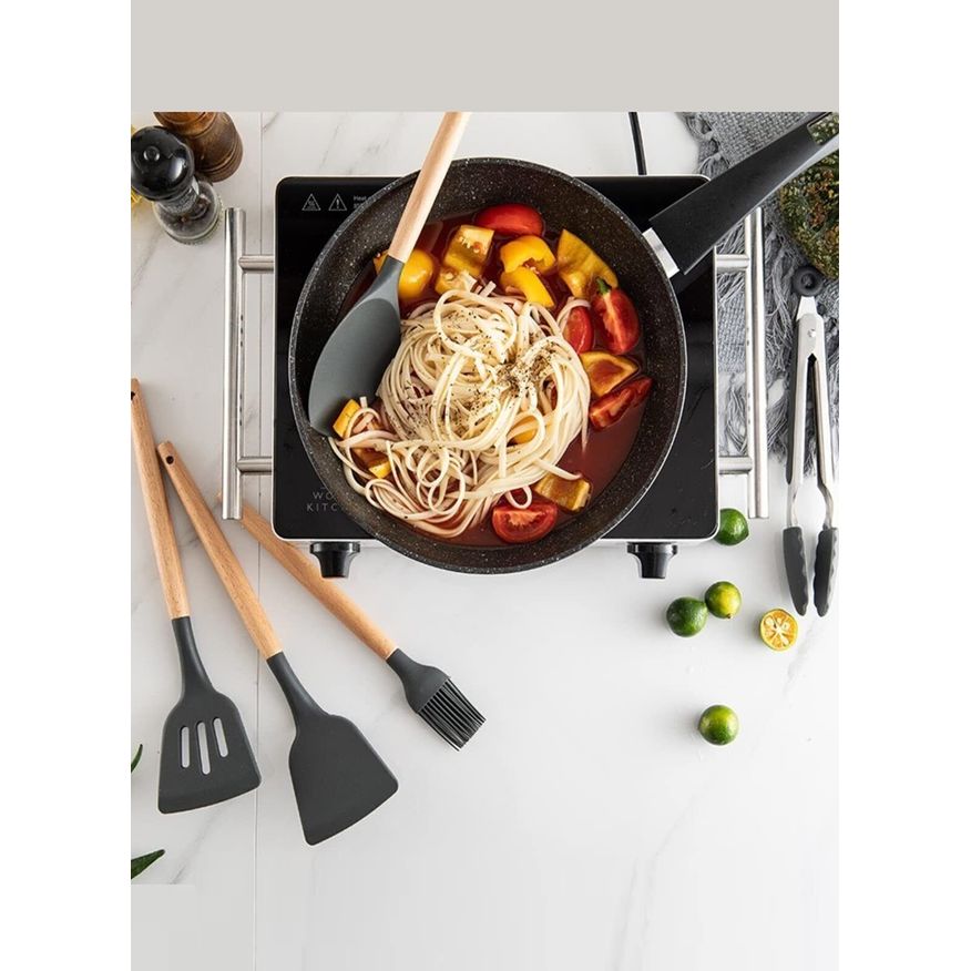 Silicone Cooking Utensils Kitchen Utensil Set, 12 Pcs Wooden Handle Nontoxic Bpa Free Silicone