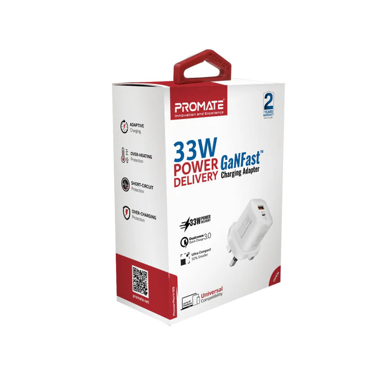 Promate 33W Power Delivery Ganfast Charging Adapter, White