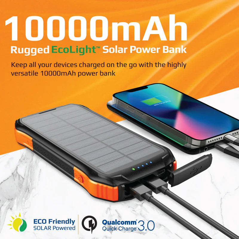 Promate 10000Mah Rugged Ecolight Solar Power Bank (20W, Wireless Charging, Usb-A & Usb-C)