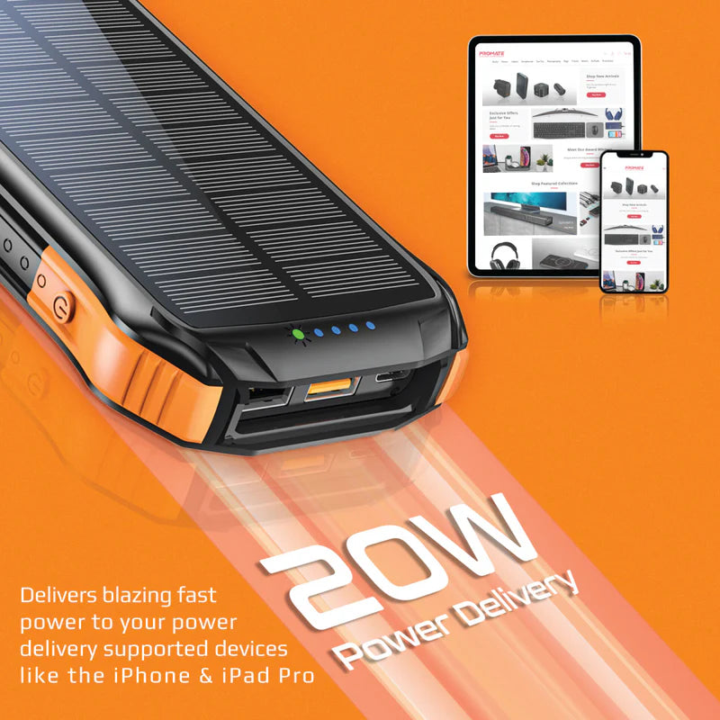 Promate 10000Mah Rugged Ecolight Solar Power Bank (20W, Wireless Charging, Usb-A & Usb-C)
