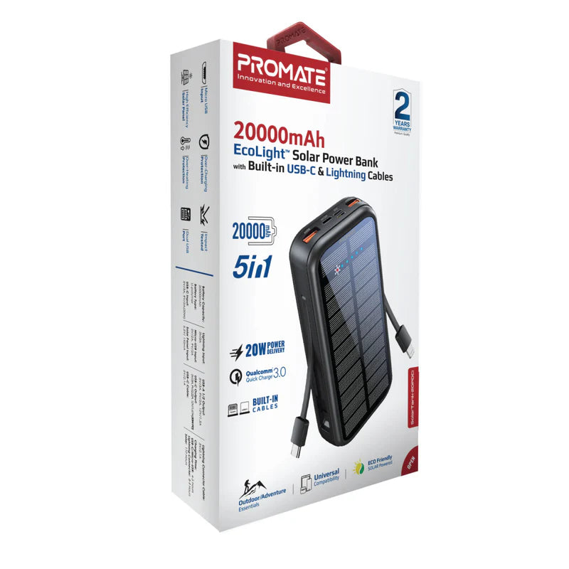 Promate 20000Mah Ecolight Solar Power Bank (20W, Built-In Usb-C & Lightning Cables)
