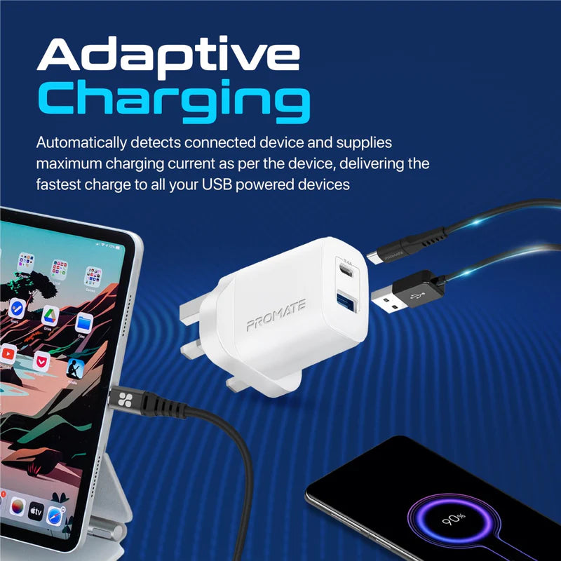 Promate 17W High-Speed Dual Port Charger, White