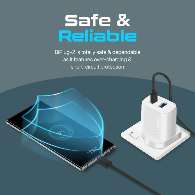 Promate 17W High-Speed Dual Port Charger, White