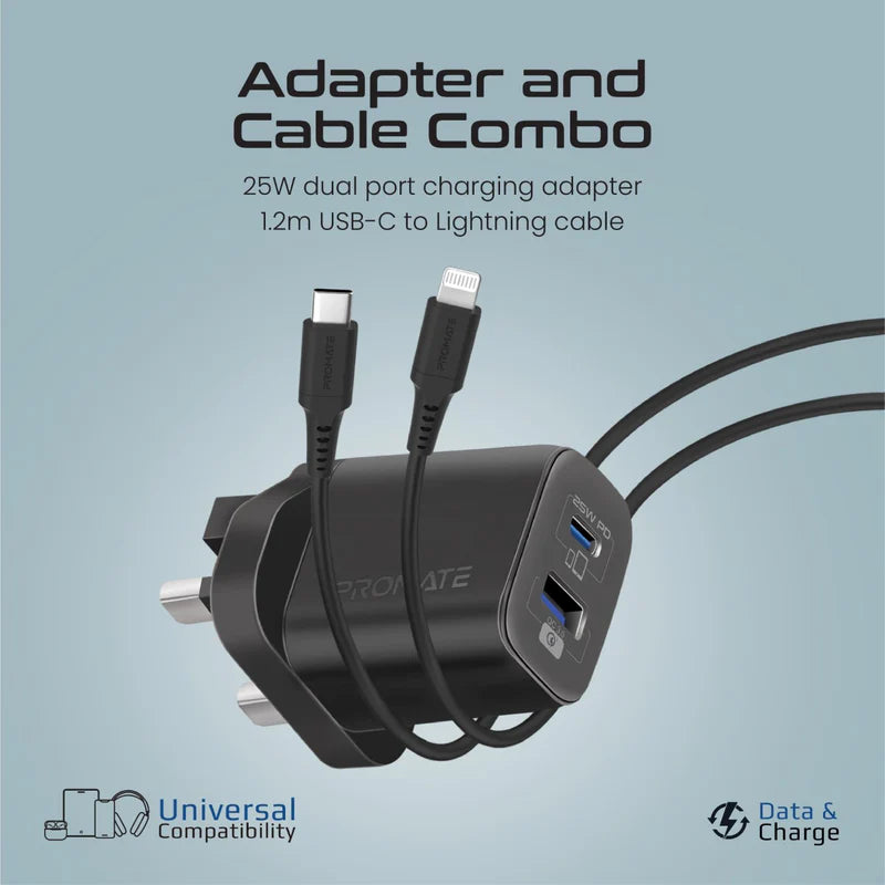 Promate 25W Power Delivery Dual Port Adapter With Ultra-Fast Usb-C To Lightning Cable 120Cm