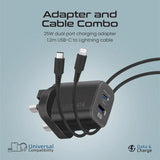Promate 25W Power Delivery Dual Port Adapter With Ultra-Fast Usb-C To Lightning Cable 120Cm
