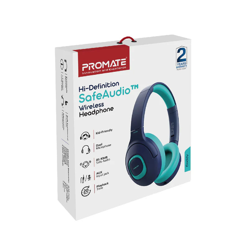 Promate Hi-Definition Safeaudio™ Wireless Headphone, Aqua