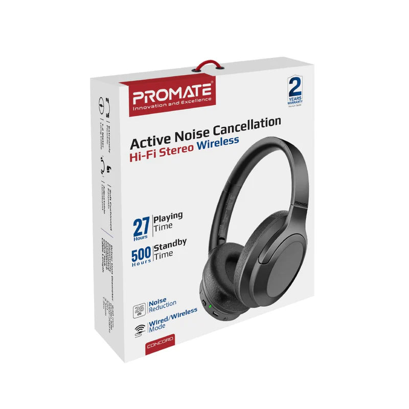 Promate Anc High-Fidelity Stereo Wireless Headphones, Black