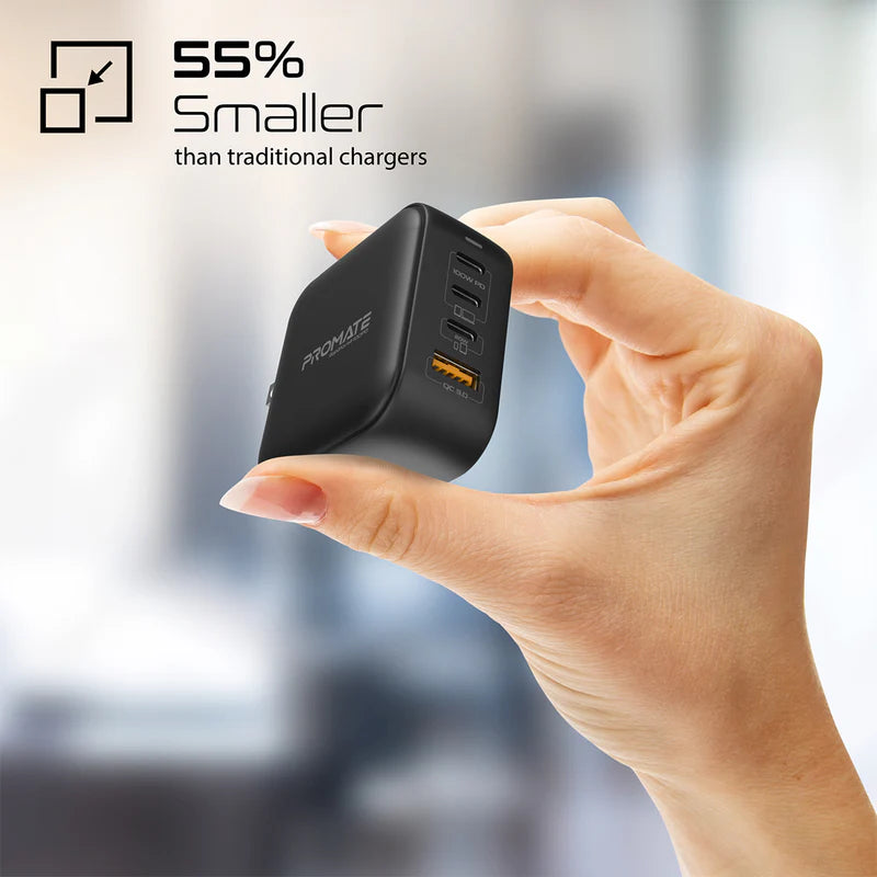 Promate 100W Power Delivery GaNFast Charger with Quick Charge 3.0, Black