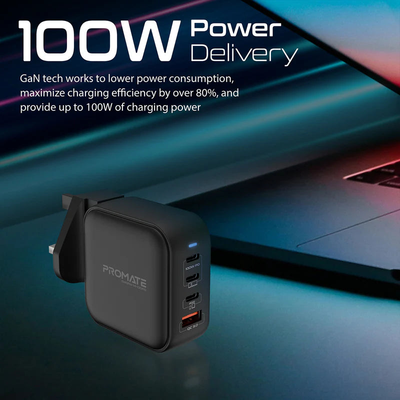 Promate 100W Power Delivery GaNFast Charger with Quick Charge 3.0, Black