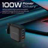 Promate 100W Power Delivery GaNFast Charger with Quick Charge 3.0, Black
