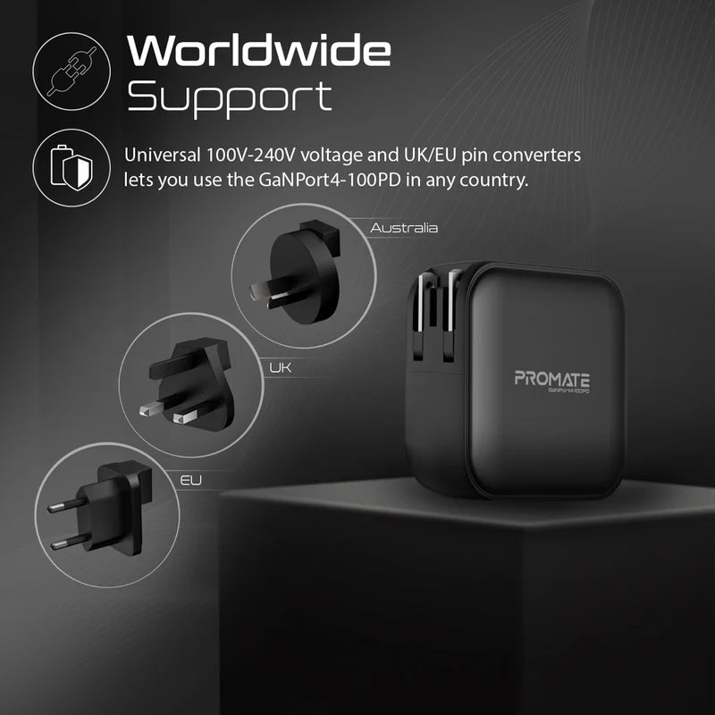 Promate 100W Power Delivery GaNFast Charger with Quick Charge 3.0, Black
