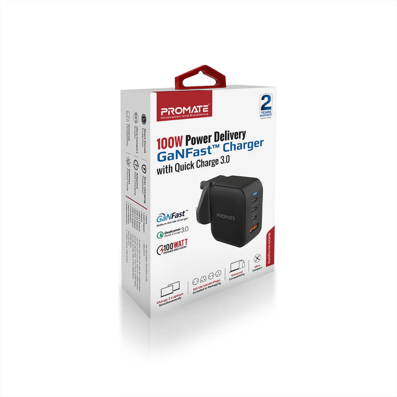 Promate 100W Power Delivery GaNFast Charger with Quick Charge 3.0, Black