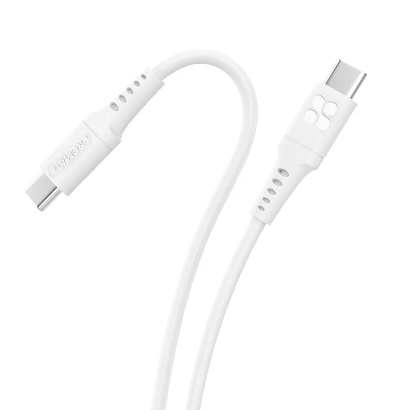 Promate 60W Power Delivery Ultra-Fast Usb-C Soft Silicon Cable, 200Cm, White