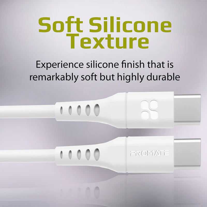 Promate 60W Power Delivery Ultra-Fast Usb-C Soft Silicon Cable, 200Cm, White