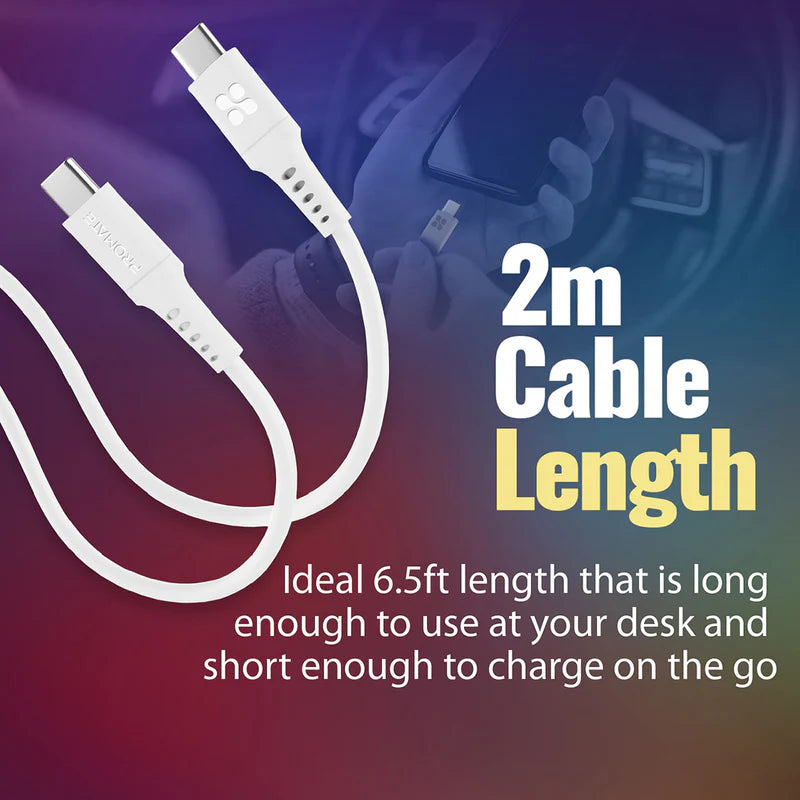 Promate 60W Power Delivery Ultra-Fast Usb-C Soft Silicon Cable, 200Cm, White