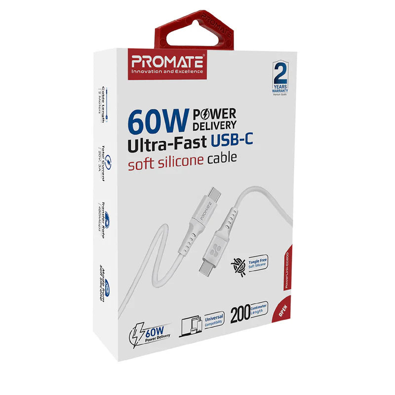 Promate 60W Power Delivery Ultra-Fast Usb-C Soft Silicon Cable, 200Cm, White