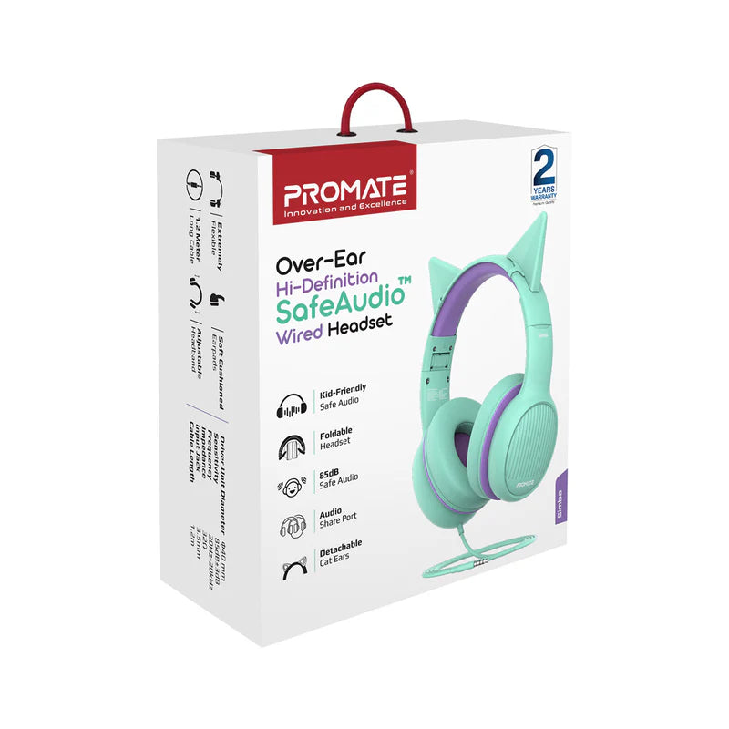 Promate Over-Ear Hi-Definition Safeaudio™ Wired Headset, Emerald