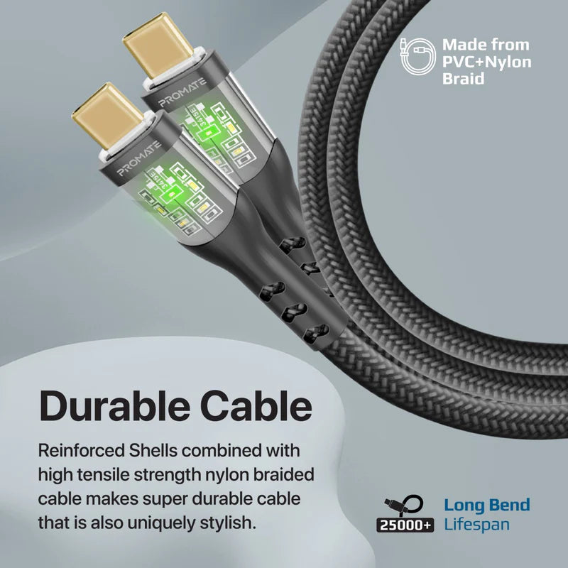 Promate 60W Power Delivery Ultra-Fast Usb-C Cable (Transparent Shells), 120Cm, Black