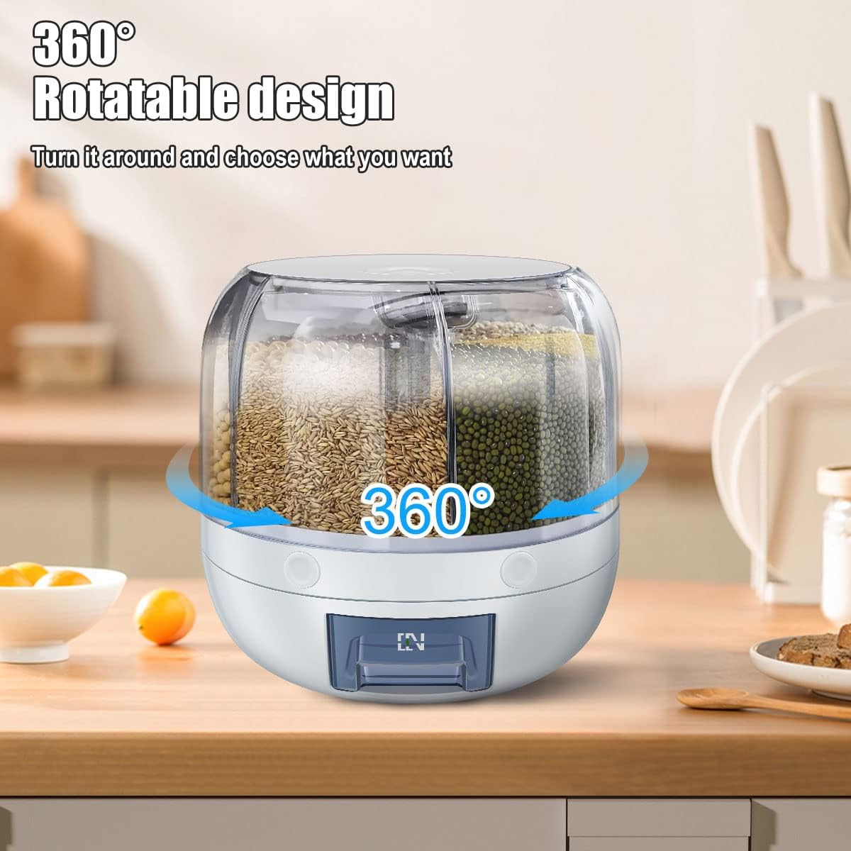 8Kg 360° Rotating 6 Grid Dry Food Dispenser With Sealing Lid (Size: 27*27*24Cm) - White