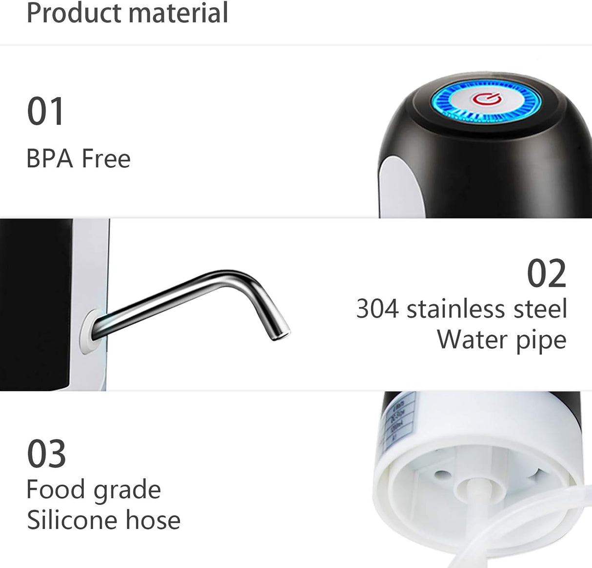 Electric Water Dispenser Pump (Wireless) USB Charging Automatic, PP Plastic - Black/White