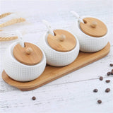 3 Pieces, 5.8 Oz White Porcelain Condiment Jar With Lids, Wooden Tray Pottery Cruet Pot