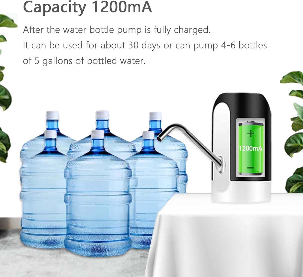 Electric Water Dispenser Pump (Wireless) USB Charging Automatic, PP Plastic - Black/White
