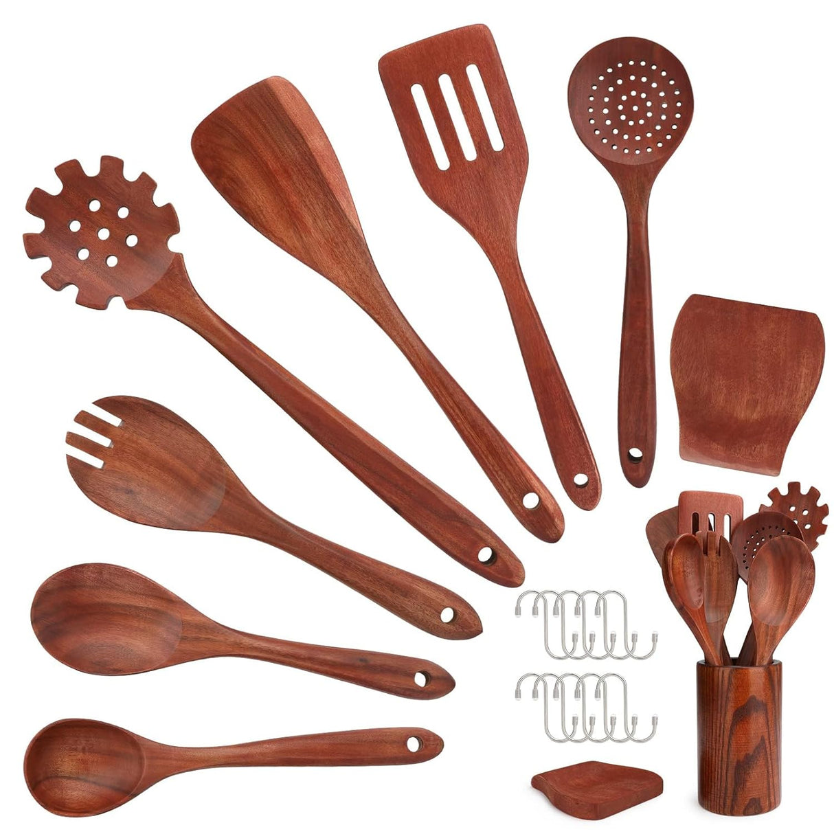 16 Pcs Wooden Spoons For Cooking, Wooden Utensils For Cooking With Utensils Holder