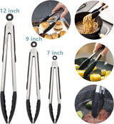 Kitchen Tongs Set of 3 Stainless Steel (Sizes: 7, 9, 12 Inches)