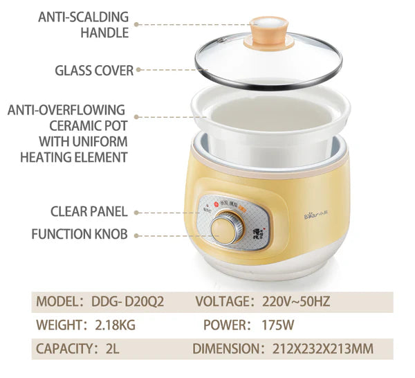 Bear Electric Slow Cooker With Ceramic Pot 2.0L