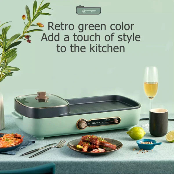 Bear Steamboat With Bbq Grill, 2 In 1 Multi Cooker With Non-Stick Inner Pot