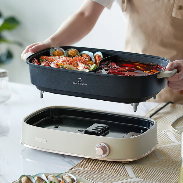 Bear Steamboat & Bbq Grill, Multi Cooker With 6L Yuanyang Non-Stick Pot