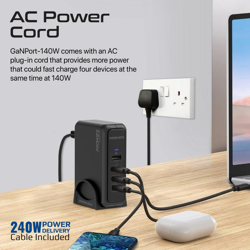 Promate 140W Super-Speed Ganfast Charging Station With Power Delivery 3.1 & Quick Charge 3.0