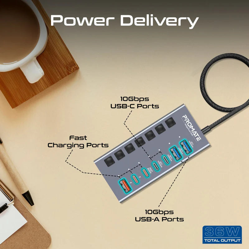 Promate 7-In-1 High Speed Multi-Ports 10Gbps Data & Charging Hub