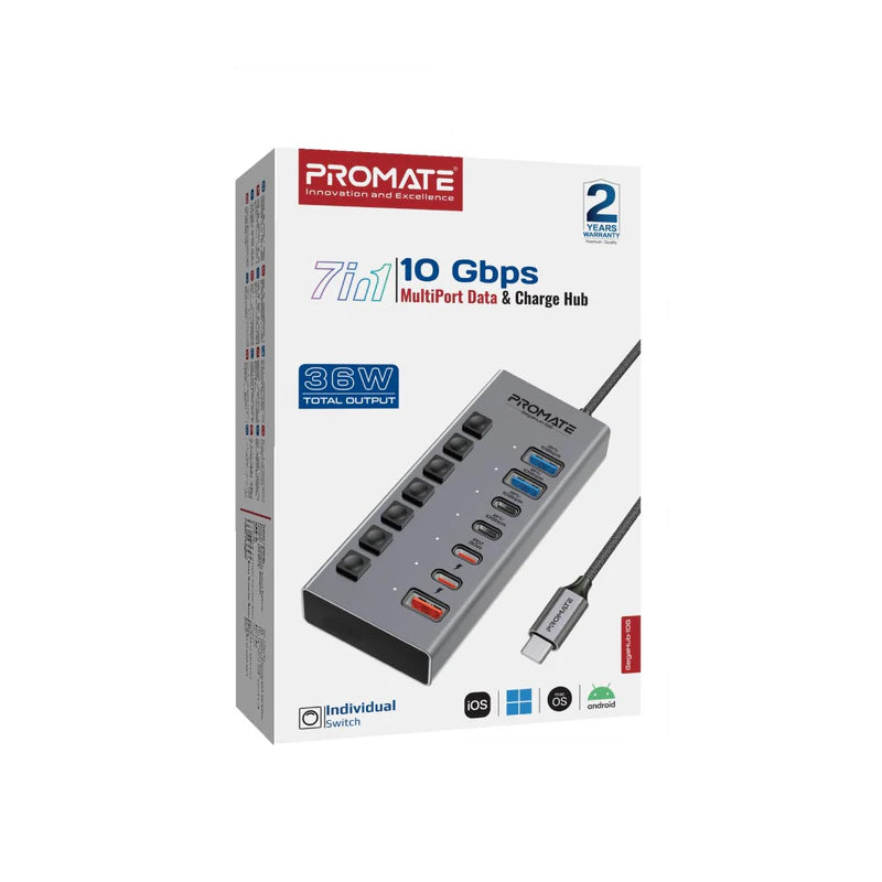 Promate 7-In-1 High Speed Multi-Ports 10Gbps Data & Charging Hub