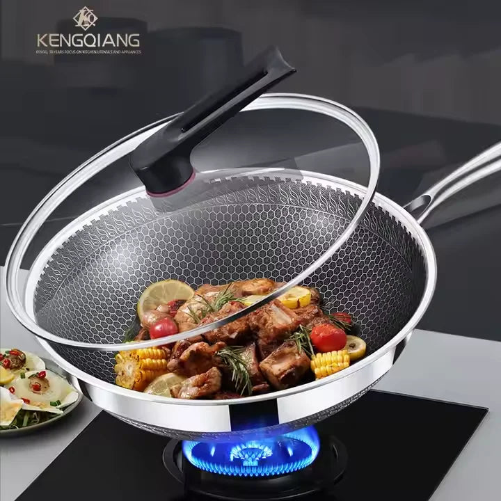 316 Stainless Steel Frying Pan Double Sided 34Cm Single Pot With Ears and Lid