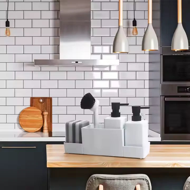 Kitchen Soap Dispenser With Sponge Holder and Dishwashing Brush