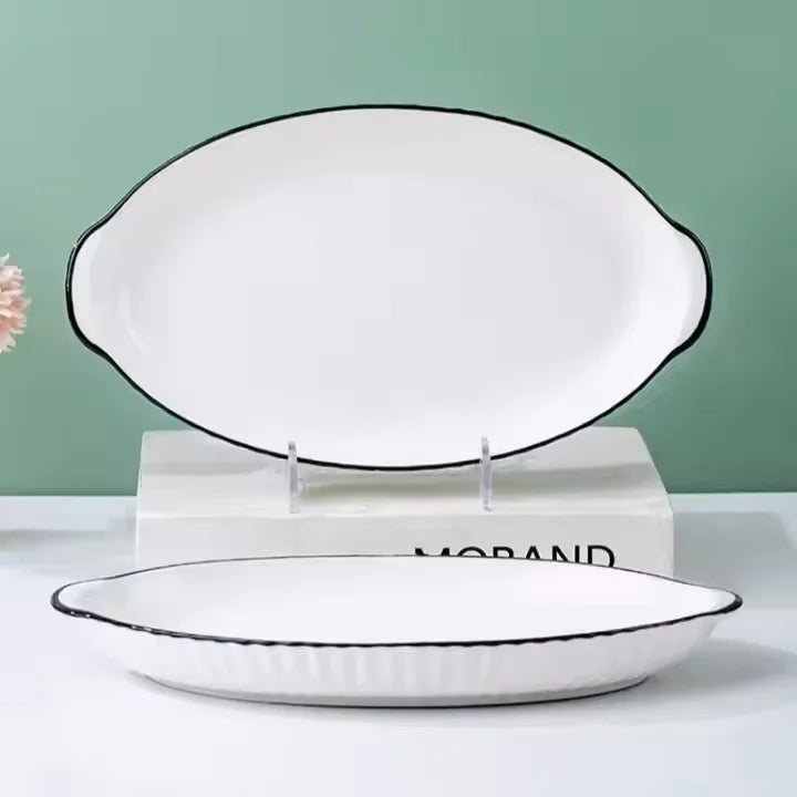 Simple Black Edged Large 12 Inch Double Eared Fish Plate