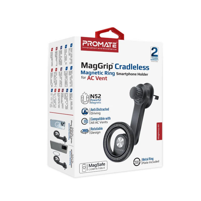 Promate Maggrip™ Cradleless Magnetic Ring Smartphone Holder For Ac Vent, Black