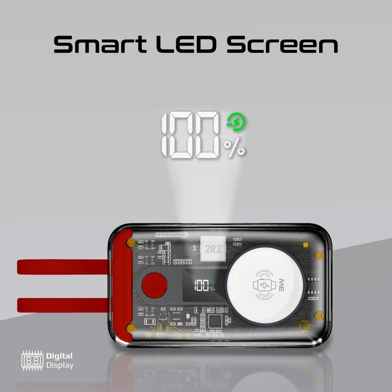 Promate 10000Mah Transparent Smartphone and Apple Watch Charging Power Bank (35W, Built-In Usb-C & Lightning Cable), Black