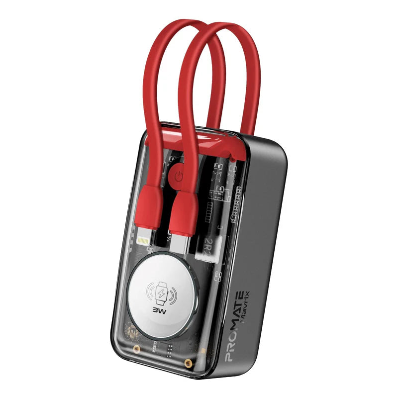 Promate 10000Mah Transparent Smartphone and Apple Watch Charging Power Bank (35W, Built-In Usb-C & Lightning Cable), Black