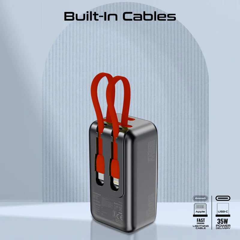 Promate 10000Mah Transparent Smartphone and Apple Watch Charging Power Bank (35W, Built-In Usb-C & Lightning Cable), Black