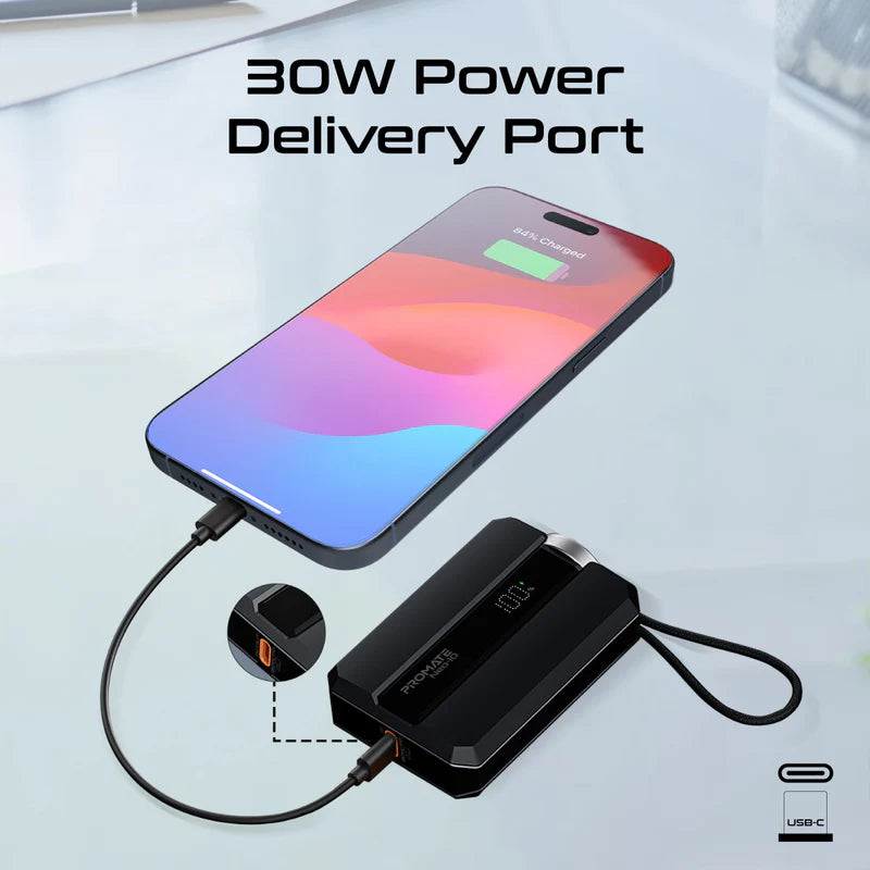 Promate 30W Power Delivery Ultra-Fast Power Bank For Smartphone & Apple Watch With In-Built Usb-C Cable, Black