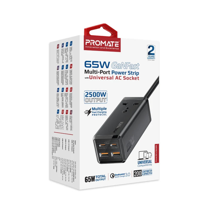 Promate 65W Ganfast™ Multi-Port Power Strip With Universal Ac Socket, Black