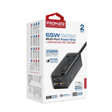 Promate 65W Ganfast™ Multi-Port Power Strip With Universal Ac Socket, Black