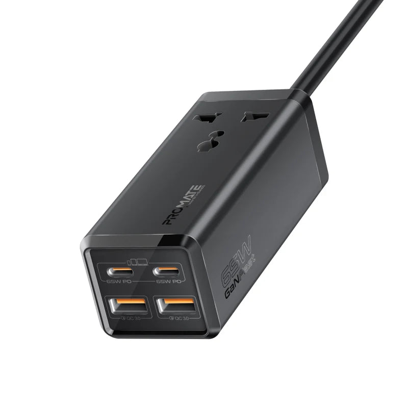 Promate 65W Ganfast™ Multi-Port Power Strip With Universal Ac Socket, Black