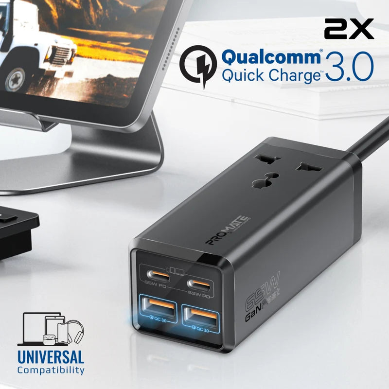 Promate 65W Ganfast™ Multi-Port Power Strip With Universal Ac Socket, Black