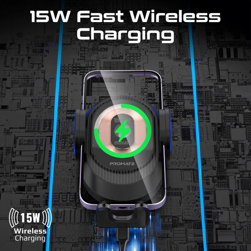 Promate 15W Transparent Auto Clamping Car Wireless Charging Mount