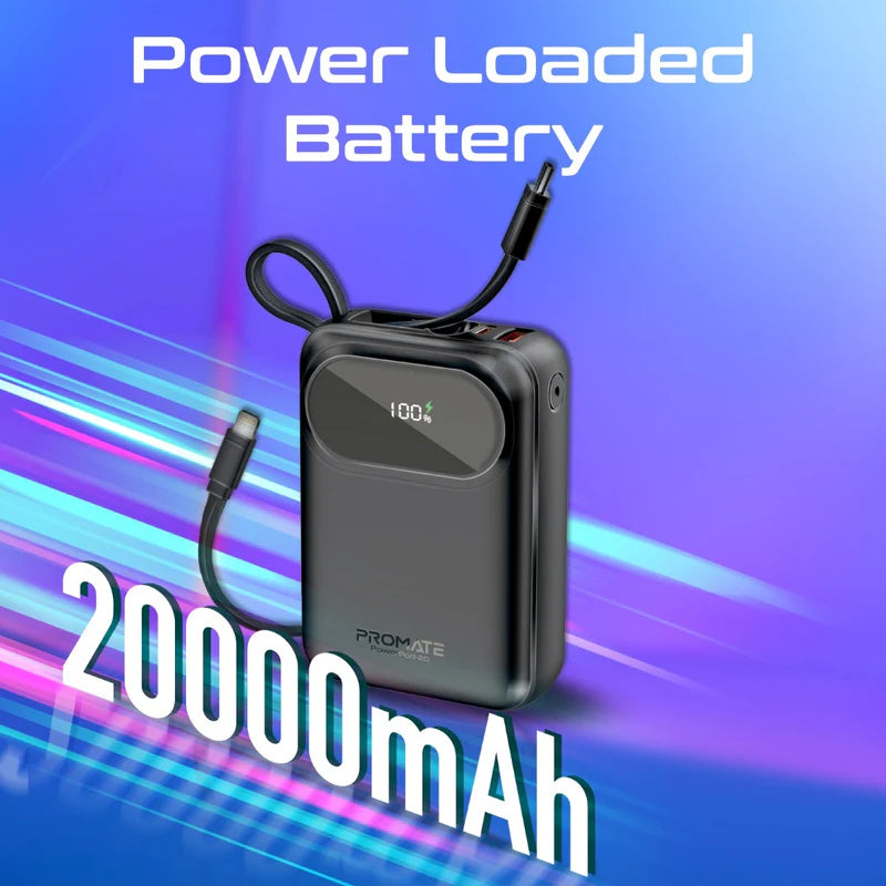 Promate Ultra Compact 35W Superspeed™ Power Bank With Built-In Usb-C & Lightning Cable, Black