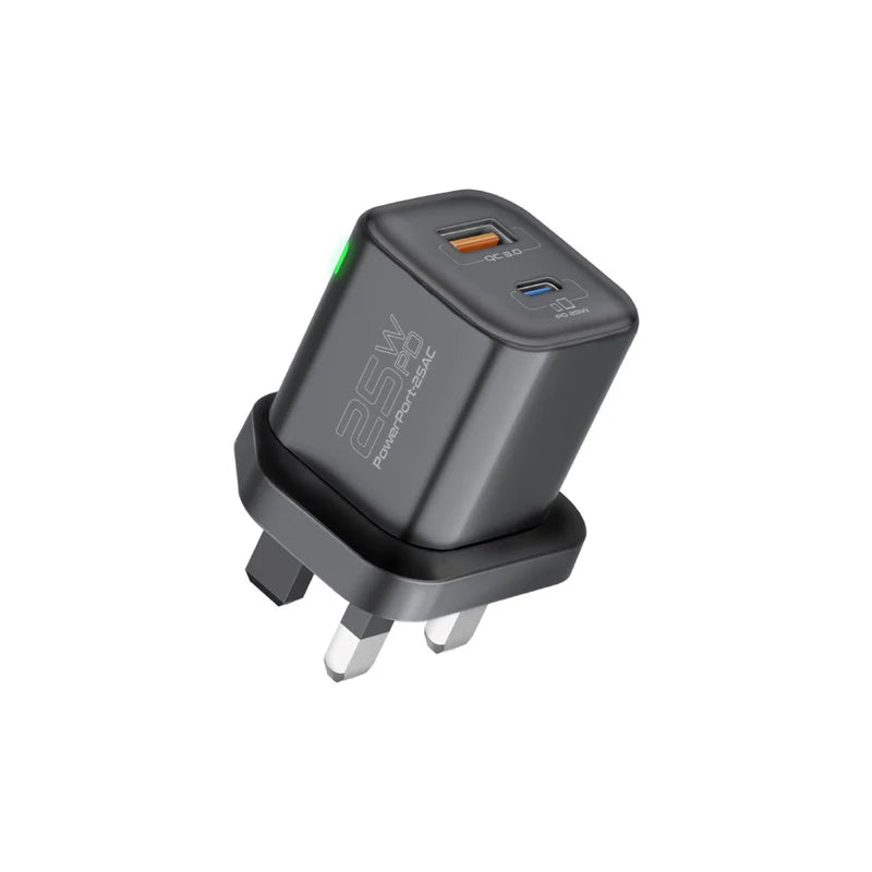 Promate 25W Ultra-Fast Dual Port AC Charger with Power Delivery and Quick Charge 3.0, Black